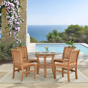 CHIC TEAK 5 Piece Teak Wood Dining Set Including 47" Round Half Moon Table & 4 Abaco Side Chairs