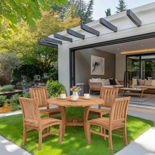 CHIC TEAK 5 Piece Teak Wood Outdoor Patio Dining Set Including 47" Round Sun Table With 4 Abaco Side Chairs