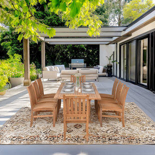 CHIC TEAK 9 Piece Teak Wood Outdoor Patio Dining Set Including Rectangular Extension Table With 8 Abaco Side Chairs