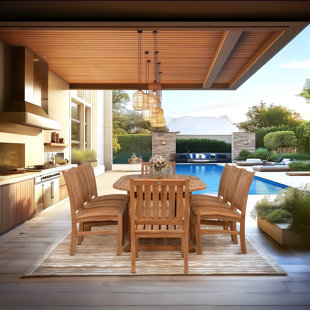 CHIC TEAK 9 Piece Teak Wood Outdoor Patio Dining Set Including Oval Extension Table With 8 Abaco Side Chairs