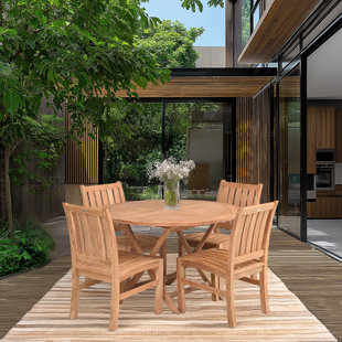 CHIC TEAK 5 Piece Teak Wood Outdoor Patio Dining Set Including 47" Round Java Table And 4 Abaco Side Chairs