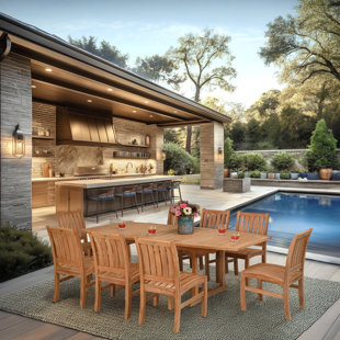 CHIC TEAK 9 Piece Teak Wood Dining Set Including Semi-oval Extension Table And 8 Abaco Side Chairs