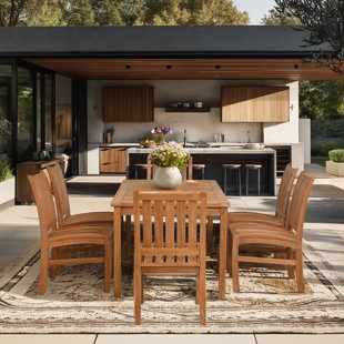 CHIC TEAK 7 Piece Teak Wood Outdoor Patio Bistro Dining Set Including Rectangular Table With 6 Abaco Side Chairs