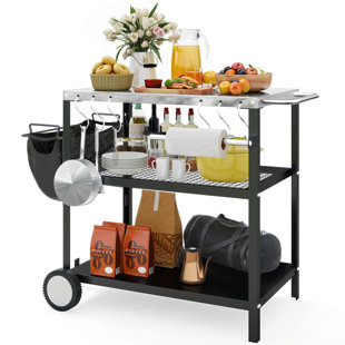 BALCONERA Outdoor Rolling Food Prep Stand Grill Cart Table On Wheels With 3 Shelf Pizza Oven Cart Stainless Steel Tabletop For BBQ Pizza Griddle Kitchen Cooking