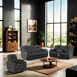 BONZY HOME 3-Piece Breathable Faux Leather Dual Motor Power Reclining Sofa Living Room Set With Cupholders And Storage