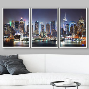 IDEA4WALL Architecture Building New York City Skyline Night Photography Modern Canvas 3 Pieces Print Wall Art