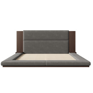 MUSSALLEM AREA RUG SPECIALIST, LLC King Floor Platform Bed with Extended Wood Headboard & Bedside Shelf, Gray