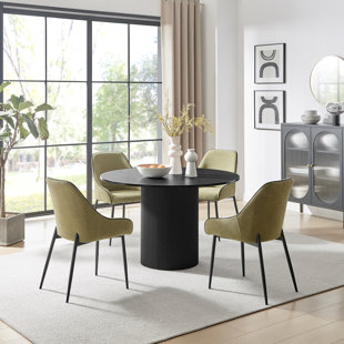 FURNITURE BOX Penny Pillar Round Dining Table Set With 4 Luxury Fabric Dining Chairs - Scratch Resistant Top
