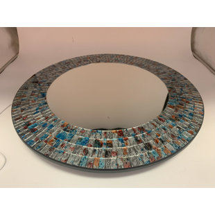 CORRIGAN STUDIO® Zorigs Mosaic Mirror, Wall Art Décor – 24” Round Handcrafted Decorative Wall Mirror, Silver, Sky Blue, and Maple Brown Mosaic Tiles with Embedded Imperial Design