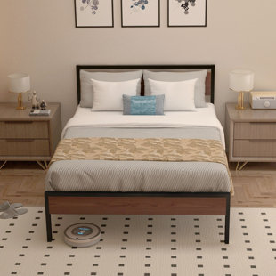 ROSALIND WHEELER Amby Full Size Metal Bed Frame, Metal Platform Bed with Wooden Headboard, No Box Spring Needed, Brown
