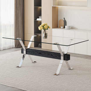 Ebullient 78.74'' Trestle Dining Table with Glass Top
