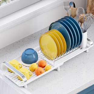 MERCURY CITY LLC Expandable Dish Rack, Compact Dish Drainer, Dish Drying Rack With Removable Cutlery Holder, Anti Rust Plate Rack, White