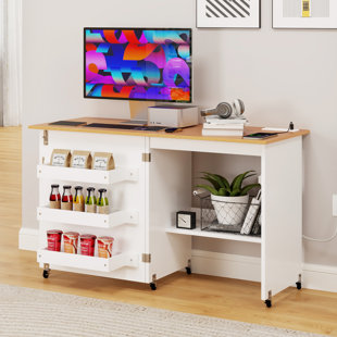 BALCONERA Multipurpose Folding Craft Sewing Table Cabinet Compact Design With Charging Station Lockable Casters And Storage Shelves, Magnetic Doors