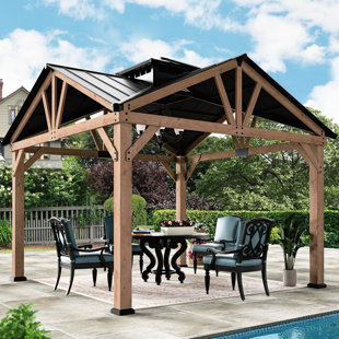 MODERN SHADE OUTDOOR LIVING SPACES Biscayne 12 Ft. W x 12 Ft. D Solid Cedar Wood Peak Hard Top Gazebo with Galvanized Steel Roof