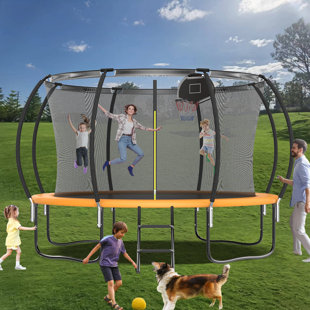 SUMIJ 12FT Round Backyard Tranpoline with Safety Enclosure Net and T-Hook for Kids and Adults
