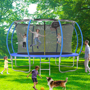 SUMIJ 12FT Round Backyard Tranpoline with Safety Enclosure Net and T-Hook for Kids and Adults