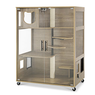 NEWACME LLC Wooden Cat House with Scratching Posts, Large Cat Condo with Lockable Wheels and Escape Door