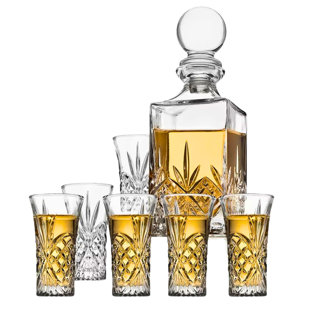 GODINGER SILVER ART CO Dublin Crystal 7 Piece Spirits Decanter 10oz & Shot Glass 2oz Set