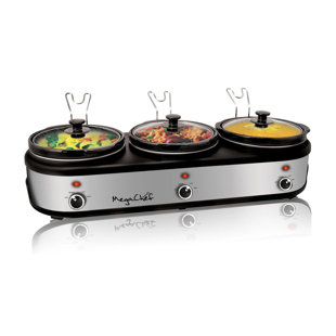 ORIXFORCE Megachef Triple 2.5 Quart Slow Cooker And Buffet Server In Brushed Silver And Black Finish With 3 Ceramic Cooking Pots And Removable Lid Rests