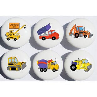 PRESTO CHANGO DECOR Ceramic Construction Truck Drawer Pulls Construction Truck Cabinet Knobs Room Decor (Set of 6)