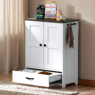 KINGWAY INC Dog Feeding Station, Dog Food Storage Cabinet with Adjustable Panel, Hooks