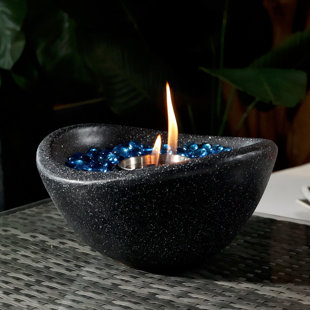 MODA FURNISHINGS Sylvia Outdoor & Indoor Ethanol Portable Tabletop Concrete Fire Bowl With Blue Glass Beads