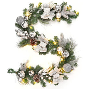 ROSDORF PARK 6FT Christmas Garland With Lights, Silver Prelit Christmas Garland With 20 LED Lights, Pinecones, Berries, Bows And Christmas Balls, Winter Garland For Mantle Fireplace Staircase Porch Decor