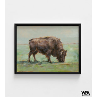 WEFRAMEART Where The Buffalo Roam I By Ethan Harper, Watercolor Buffalo Painting, Green Landscape Print, Farm Animal Art, Ethan Harper Art