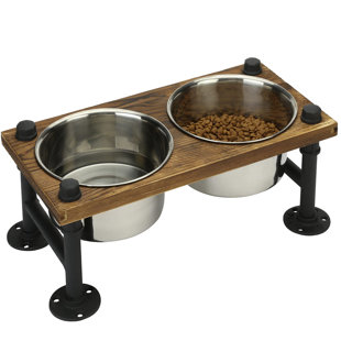 MERCURY CITY LLC Rustic Solid Brown Wood Elevated Dog Feeder With Industrial Metal Legs, Dog Food And Water Bowls For Medium Dogs, Raised Pet Feeder With 2 Stainless Steel Bowls