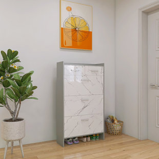 CHOCOPLANET High Glossy Marble Doors Shoe Rack 3 Doors Shoe Cabinet