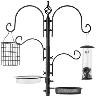 MERCURY CITY LLC 91In 4-Hook Bird Feeding Station, Steel Multi-Feeder Kit Stand For Attracting Wild Birds W/ 2 Bird Feeders, Mesh Tray, Bird Bath, 4-Prong Base - Black