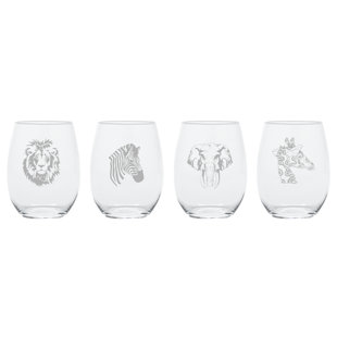 BLOOMSBURY MARKET Scotsdale Giraffe, lion, elephant, and zebra 4 Piece 17 oz. Stemless Wine Glass Set