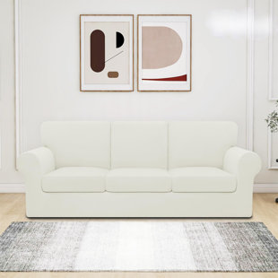 FAST APPLIANCES LLC 7 Pieces Stretch Couch Cover Washable Sofa Cover Set For 3 Backrest And Seat Cushion Couch Anti-Slip Sofa Slipcover Furniture Protector With Elastic Bottom (Large, Ivory)