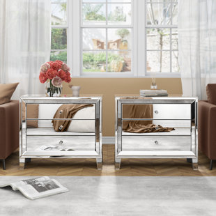 ROSDORF PARK Putnam 33" Mirrored Glass Nightstand with 3 Storage Drawers (Set of 2)