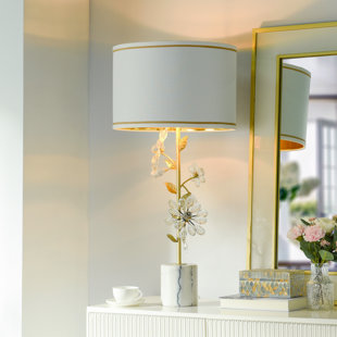 STYLECRAFT HOME Crystal Flora - Metal Table Lamp - Off White with Thin Taupe Trim Shade