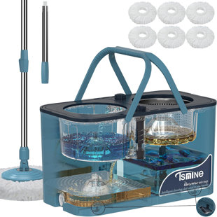 TSMINE RinseWise Spin Mop Bucket Separate Clean & Dirty Water,4-Chamber Mop Bucket with 6 Replacement Heads