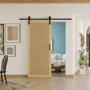 DOOOLI Wood Slat Panel Sliding Barn Door - Solid Wood Interior Door Include Installation Hardware Kit