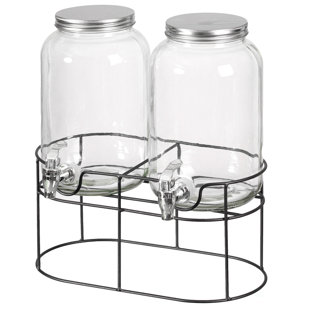 Basicwise 2-pcs Versatile Glass Drink Dispenser Set With Metal Stand And Stainless Steel Spigots - Ideal For Serving Beverages, Water, Lemonade And Juice At Picnics, Camping Trips, Wedding And Parties