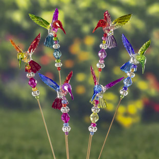 ZAER LTD INTERNATIONAL 22" Tall Five Tone Acrylic Hummingbird Pot Stakes (Set of 6)
