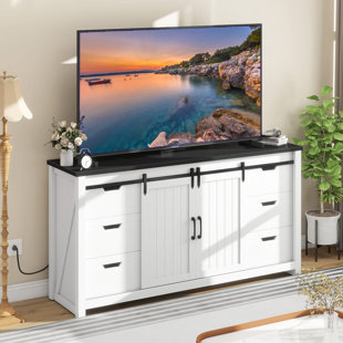 BALCONERA Farmhouse Entertainment Center 6 Drawers Rustic TV Stand Cabinet Media Console Table With Power Outlet Storage And Sliding Barn Doors