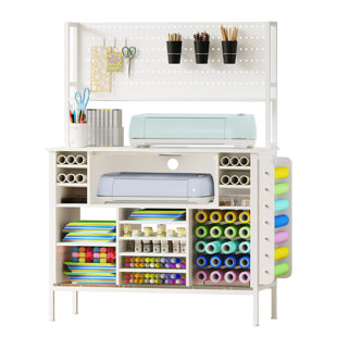 LINOR Craft Table for Cricut Machines, Craft Storage Cabinet with Vinyl Roll Holders, Pegboard and Outlet