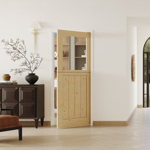 DOOOLI Dutch Door- Half Transpatent Glass+Natural Pine Wood Interior Door Prehung Slab Doors With Door Frame（No pre-drilled holes)