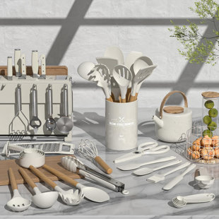 LYSBBDZSM 34 Pcs Silicone Cooking Utensil Set, Non-stick Heat Resistant, Dishwasher Safe, Bpa Free, Cream White