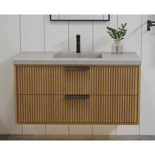 MAXBANO Modern 42" Floating Bathroom Vanity with White Single Sink in Light Brown, Solid Wood