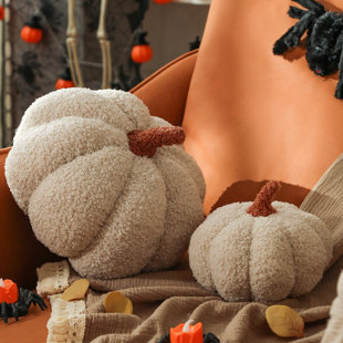 FAST APPLIANCES LLC Pumpkin Pillows, Halloween Pumpkin Pillow Set Of 2, Off White Throw Pillows Halloween Decoration, Fall Decor, Thanksgiving Decoration Indoor, Teddy Fleece 6X12&4X7 Inches Accent Cushion