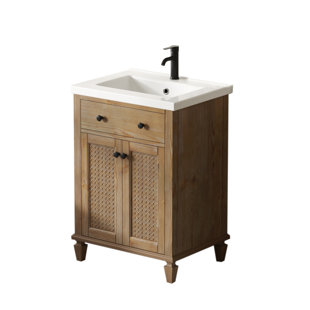 MAXBANO Farmhouse 24" Single Bathroom Vanity with White Vessel Sink in Light Brown, Solid Wood