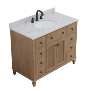 MAXBANO Farmhouse 42" Single Bathroom Vanity with White Vessel Sink in Light Brown, Solid Wood