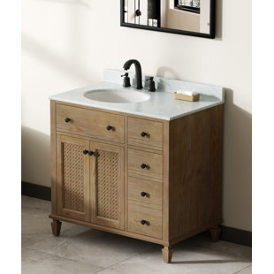 MAXBANO Farmhouse 36" Single Bathroom Vanity with White Vessel Sink in Light Brown, Solid Wood