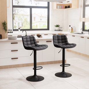 HOKKU DESIGNS Zager Swivel Adjustable Height Bar Stool Leather Upholstered Counter Stools Round Base (Set of 2)