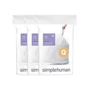 Simplehuman Code Q Liners, Pack Of 60 Liners, 50% Recycled Custom Fit Bin Bags, 50-65L, White